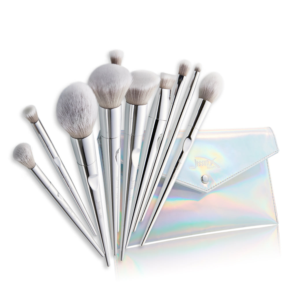 10PCS  Silver Makeup Brush Set & FREE 1PU Cosmetic Bag - Prive Accessories